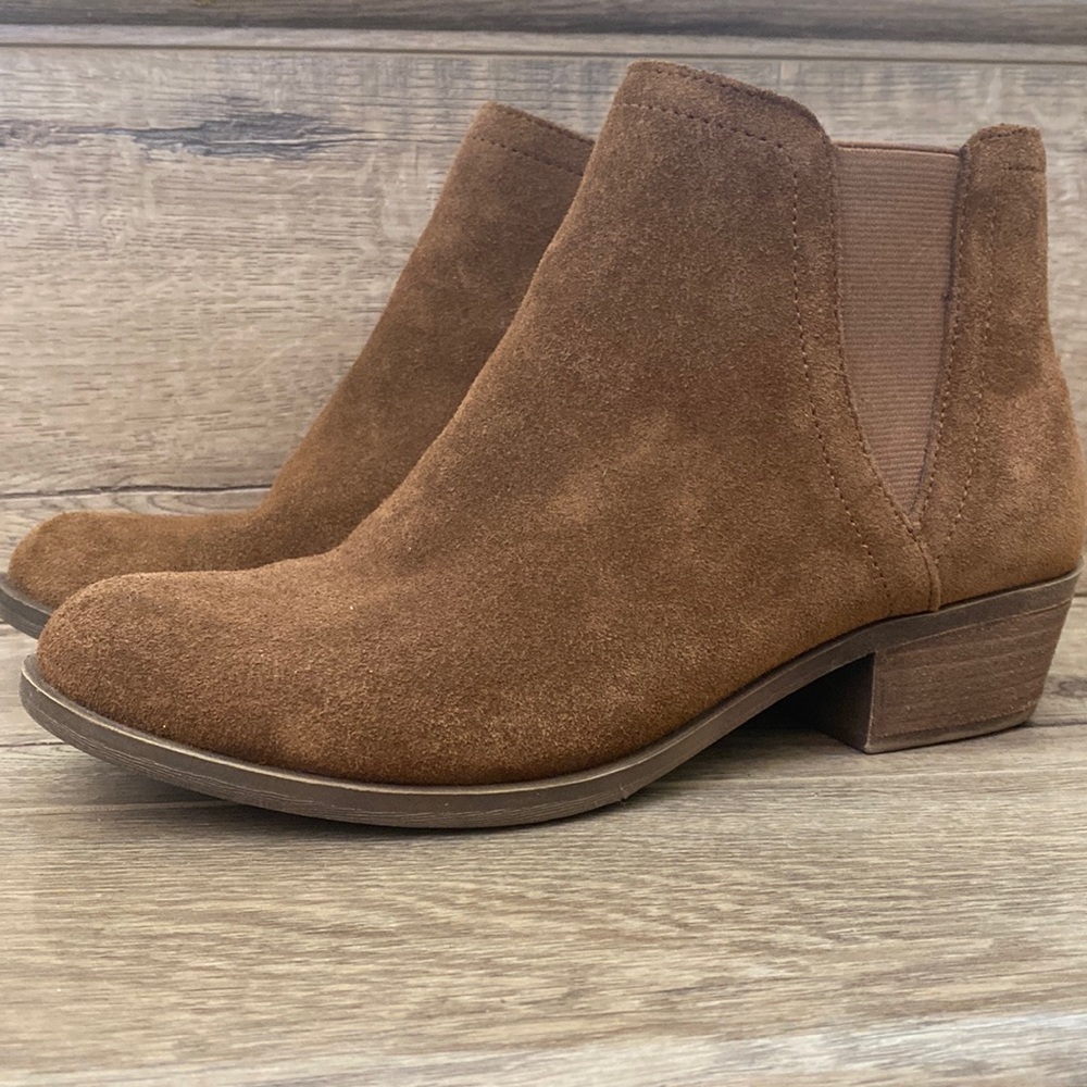 Tan leather textile booties